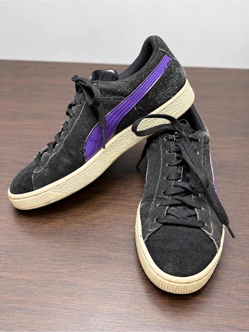 Puma Black Suede Sneakers with Purple Formstrip and Cream Sole